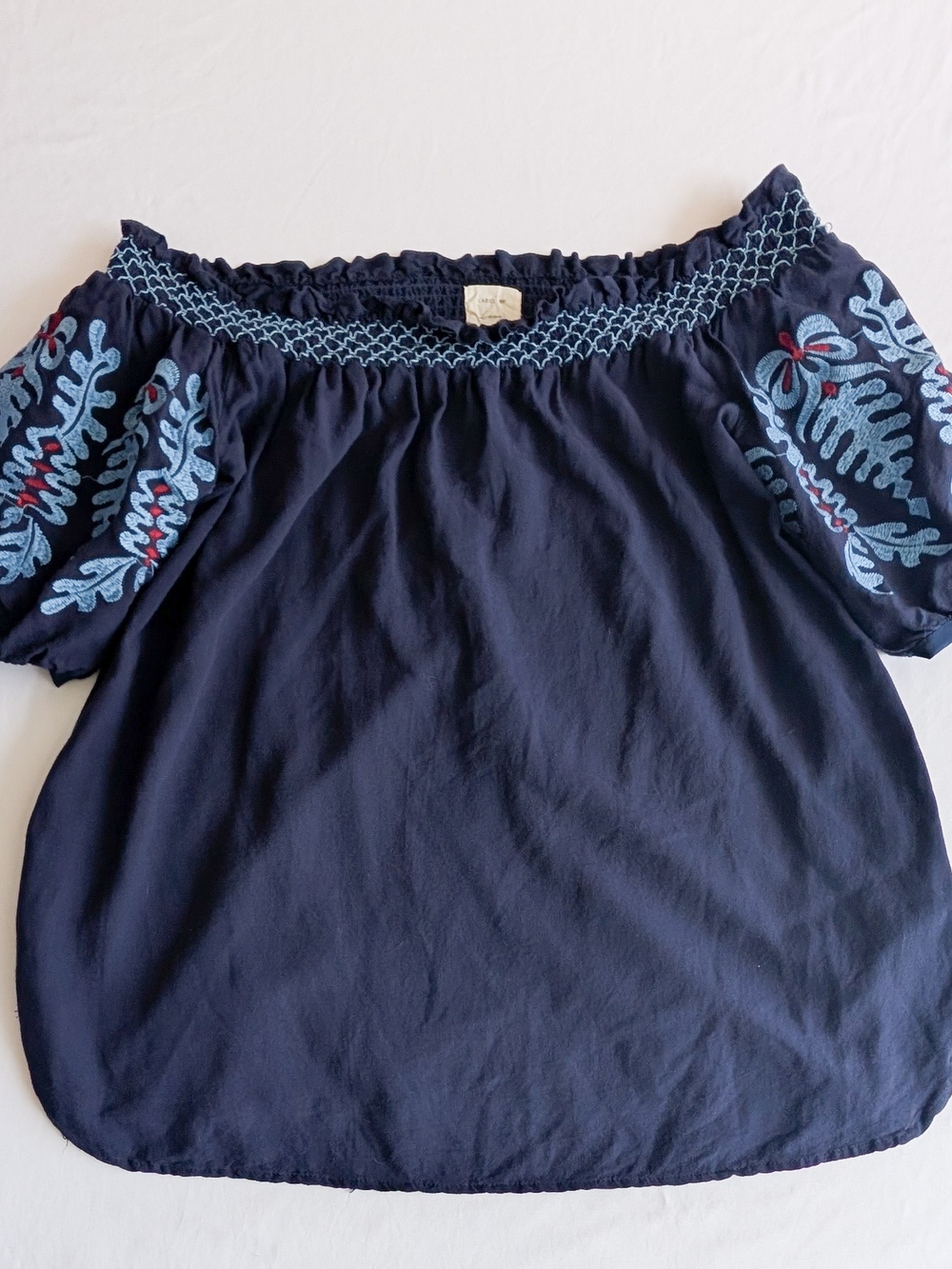Label Of Love Navy Blue Embroidered Off Shoulder Smocked Peasant Blouse M/L Boho